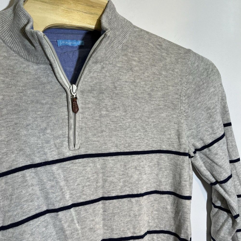 J. McLaughlin Men's Medium 1/4 Zip‎ Sweater Gray Striped Cotton Modal Blend